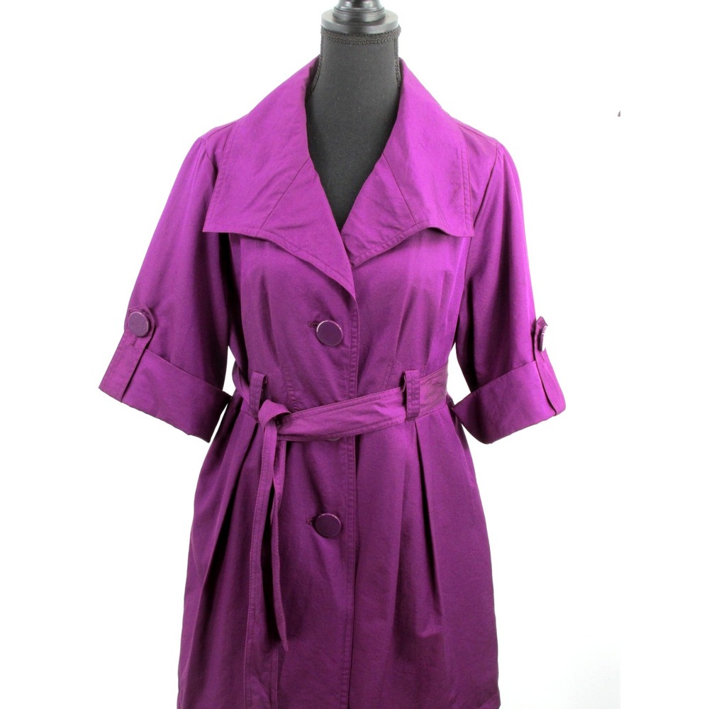 Ambition Purple Trench Coat Women Large Button Up Belted Tab Sleeve Y2K Jacket